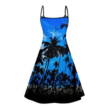 Sunset Tree Print V Neck High Waist Spaghetti Strap Dress and Roll Up Sleeve Shirt Resort Hawaii Outfit