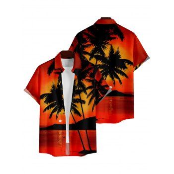 Sunset Tree Print V Neck High Waist Spaghetti Strap Dress and Roll Up Sleeve Shirt Resort Hawaii Outfit