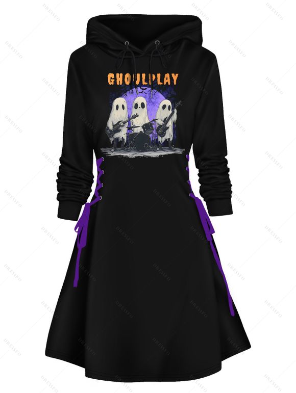 Robe à Capuche D'Halloween de Soirée Linge A Fantôme Imprimé à Lacets à Côté - Noir M | US 6