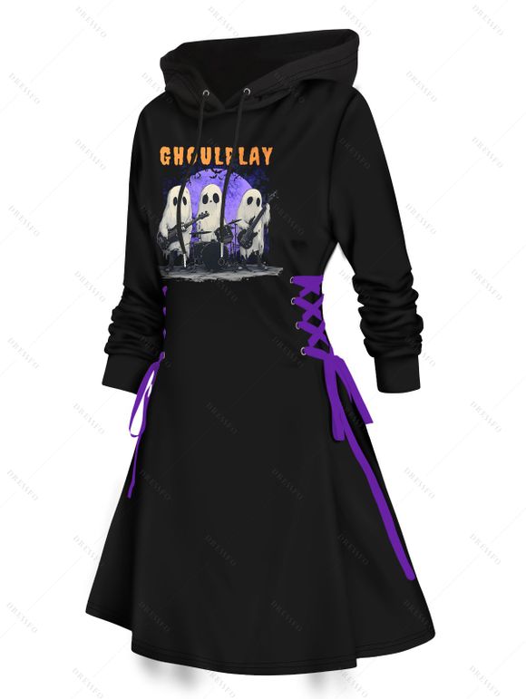 Robe à Capuche D'Halloween de Soirée Linge A Fantôme Imprimé à Lacets à Côté - Noir XL | US 12