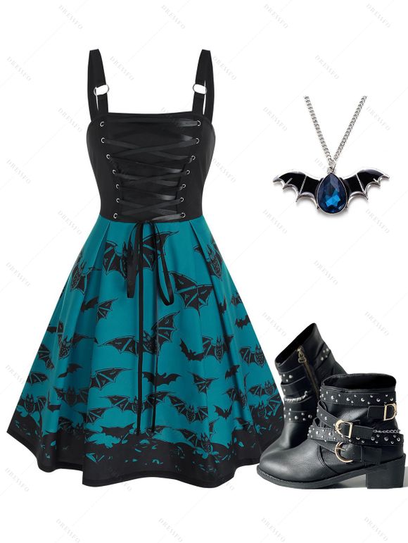 Lace Up Bat Print Dress and Zip Up Chunky Heel Punk Boots Halloween Bat Pendant Necklace Outfit - Noir S | US 4