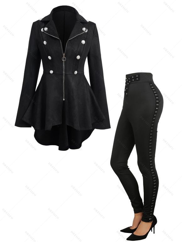 Solid Zipper Up Button Decor Turn Down Collar Coat and Rivet Decor Women Jogger Pants Outfit - Noir S | US 4