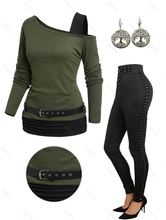 Contrast Color Skew Neck Belt Top and Rivet Decor Jogger Pants Life Tree Hoop Drop Earrings Outfit - Vert profond S | US 4