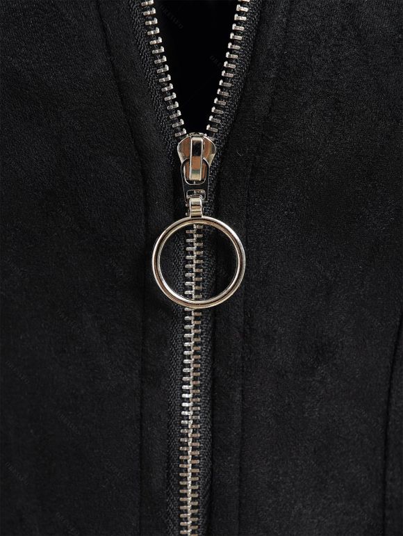 Manteau Court Zippé Décoré de Bouton Manches Longues à Col Relevé en Faux Daim - Noir XL | US 12