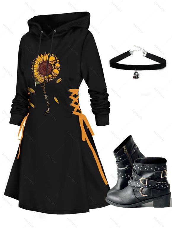 Sunflower Letters Skull Print Dress and Zip Up Chunky Heel Boots Halloween Choker Necklace Outfit - Noir S | US 4