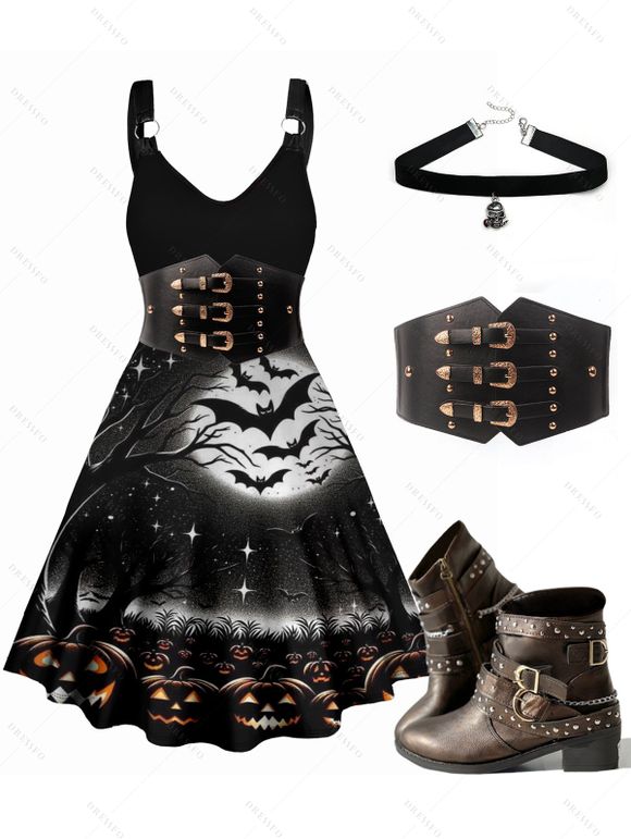 Halloween Pumpkin Spider Bat Print V Neck Dress and Zip Up Chunky Boots Solid Color Belt Skull Choker Necklace Outfit - Noir S | US 4