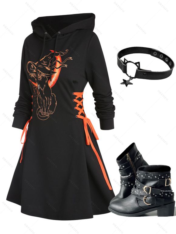 Cat Hat Moon Print Lace Up Hooded Dress and Zip Up Chunky Heel Punk Boots Cat Shape Choker Necklace Outfit - Noir S | US 4