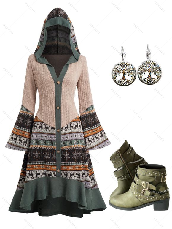 Elk Snowflake Tribal Pattern Knit High Low Dress and Zip Up Chunky Punk Boots Life Tree Drop Earrings Outfit - Abricot S | US 4