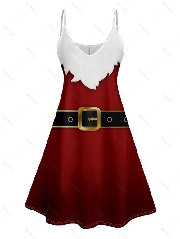 Christmas Belt Print Contrast V Neck Spaghetti Strap Dress and Roll Up Sleeve Shirt Outfit - Rouge foncé S | US 4
