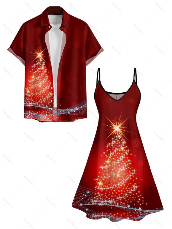 Christmas Tree Glitter Print V Neck High Waist Spaghetti Strap Dress and Roll Up Sleeve Shirt Outfit - Rouge foncé S | US 4