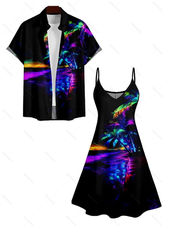 Colorful Coconut Tree Print V Neck High Waist Spaghetti Strap Dress and Roll Up Sleeve Shirt Resort Outfit - Noir S | US 4