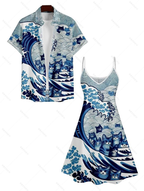 Cartoon Sea Cat Print V Neck Spaghetti Strap Dress and Roll Up Sleeve Shirt Outfit - Bleu clair S | US 4