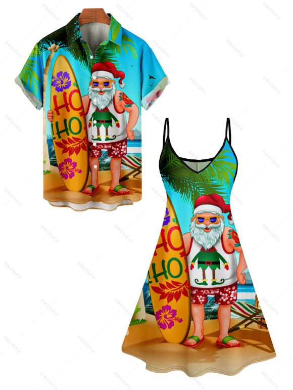 Christmas Santa Claus Surfing Print V Neck Spaghetti Strap Dress and Roll Up Sleeve Shirt Resort Outfit - Orange S | US 4