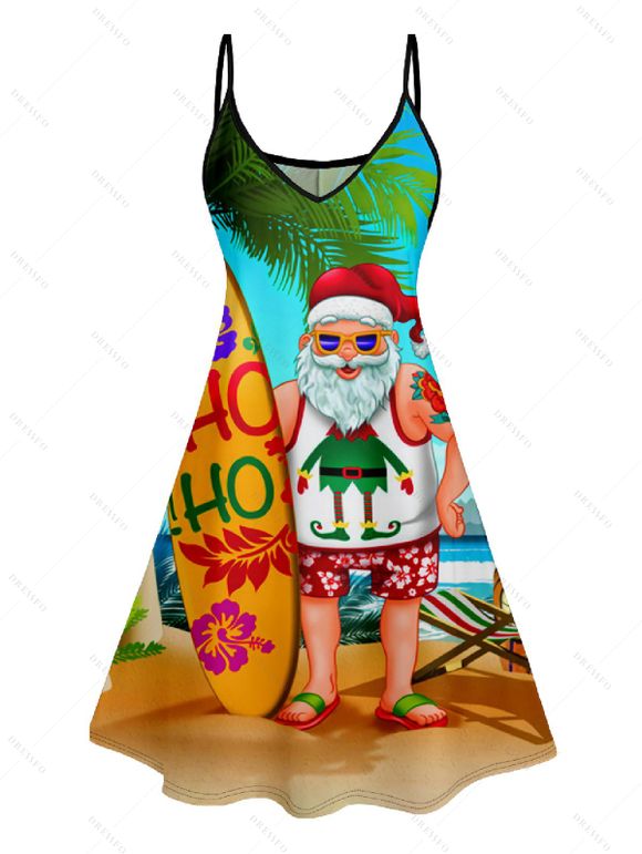 Christmas Santa Claus Surfing Print V Neck Spaghetti Strap Dress and Roll Up Sleeve Shirt Resort Outfit - Orange S | US 4