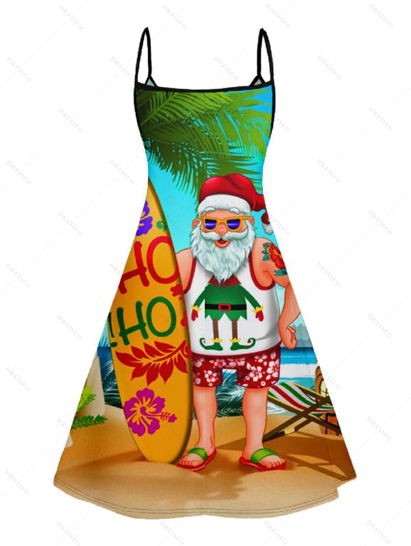 Christmas Santa Claus Surfing Print V Neck Spaghetti Strap Dress and Roll Up Sleeve Shirt Resort Outfit - Orange S | US 4