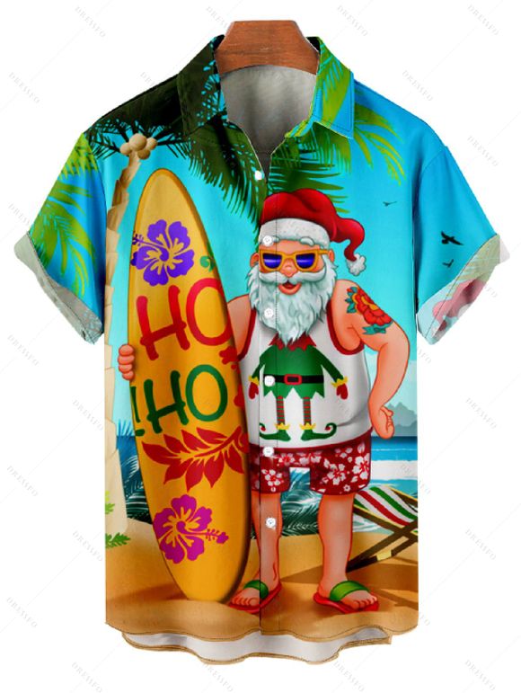 Christmas Santa Claus Surfing Print V Neck Spaghetti Strap Dress and Roll Up Sleeve Shirt Resort Outfit - Orange S | US 4