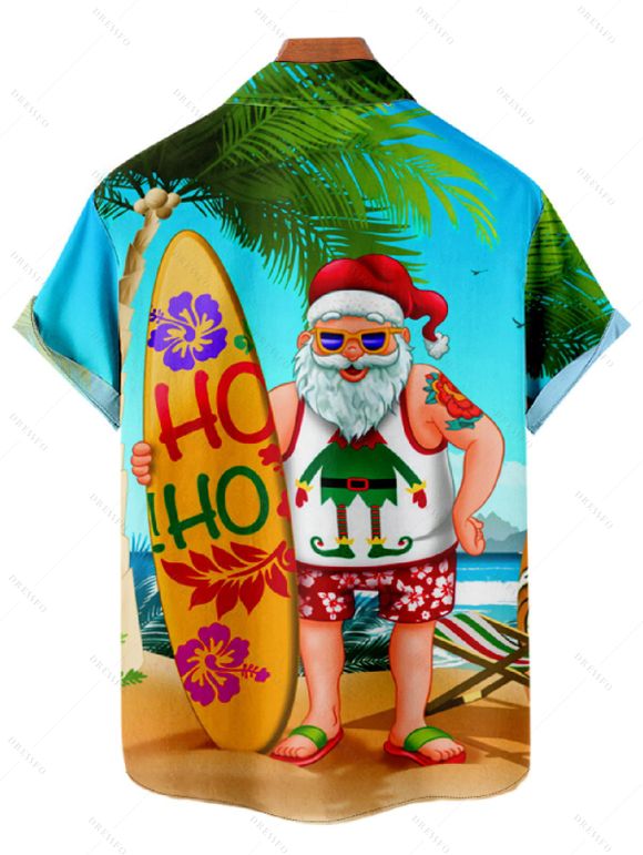 Christmas Santa Claus Surfing Print V Neck Spaghetti Strap Dress and Roll Up Sleeve Shirt Resort Outfit - Orange S | US 4