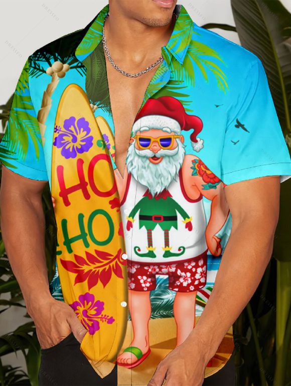 Christmas Santa Claus Surfing Print V Neck Spaghetti Strap Dress and Roll Up Sleeve Shirt Resort Outfit - Orange S | US 4