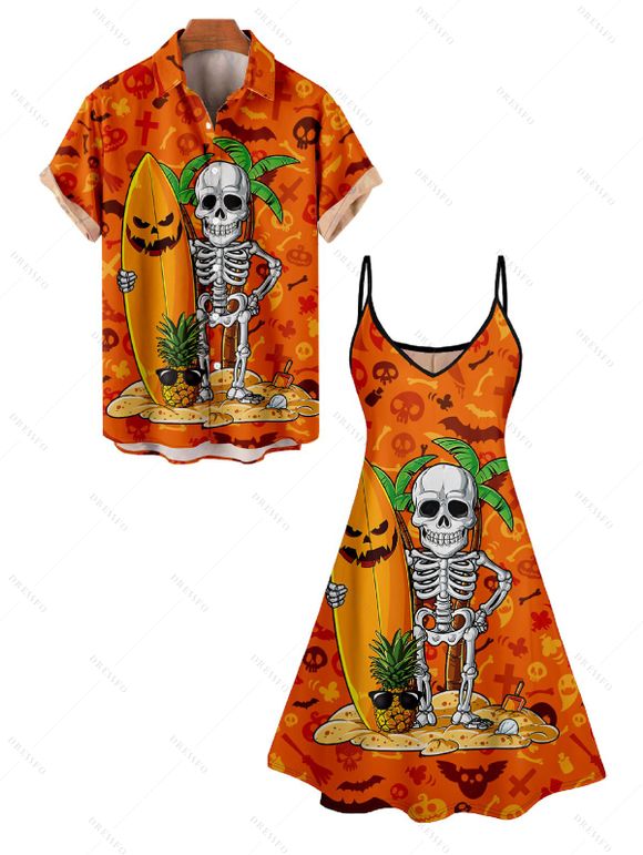 Skeleton Surfing Print V Neck High Waist Spaghetti Strap Dress and Roll Up Sleeve Shirt Resort Outfit - Orange S | US 4