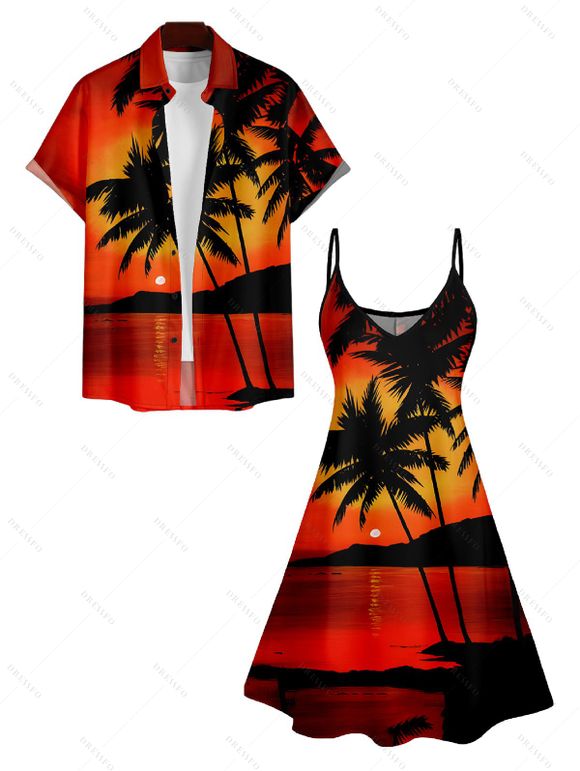 Sunset Tree Print V Neck High Waist Spaghetti Strap Dress and Roll Up Sleeve Shirt Resort Outfit - Orange S | US 4