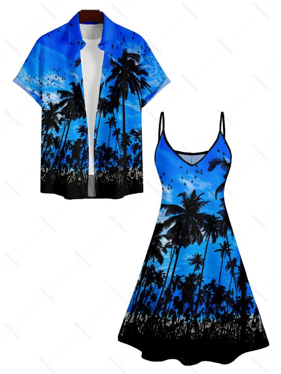 Sunset Tree Print V Neck High Waist Spaghetti Strap Dress and Roll Up Sleeve Shirt Resort Outfit - Bleu S | US 4