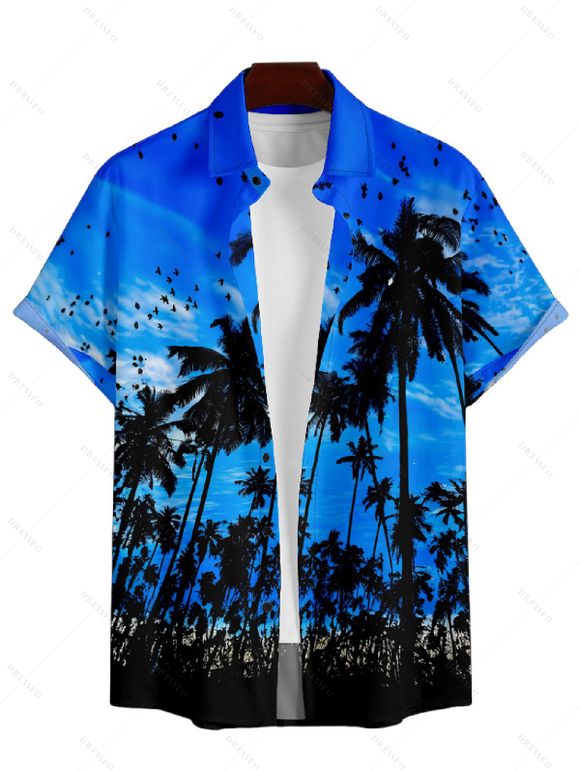 Sunset Tree Print V Neck High Waist Spaghetti Strap Dress and Roll Up Sleeve Shirt Resort Hawaii Outfit - Bleu S | US 4