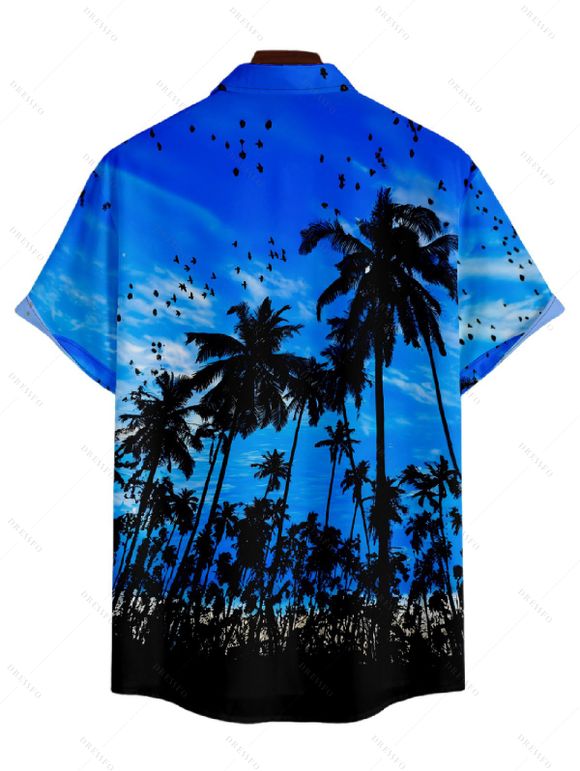 Sunset Tree Print V Neck High Waist Spaghetti Strap Dress and Roll Up Sleeve Shirt Resort Hawaii Outfit - Bleu S | US 4