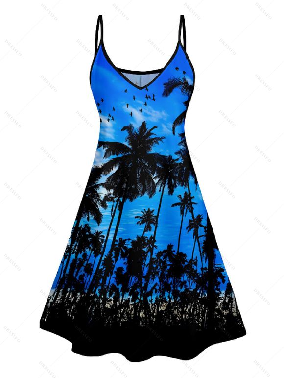 Sunset Tree Print V Neck High Waist Spaghetti Strap Dress and Roll Up Sleeve Shirt Resort Hawaii Outfit - Bleu S | US 4
