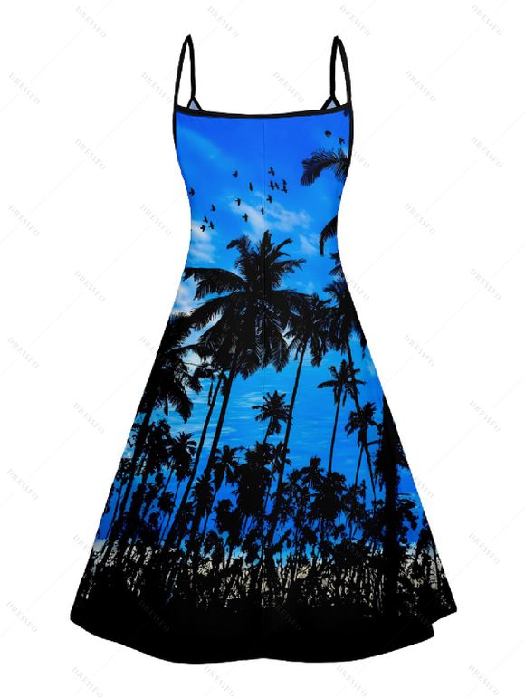 Sunset Tree Print V Neck High Waist Spaghetti Strap Dress and Roll Up Sleeve Shirt Resort Hawaii Outfit - Bleu S | US 4