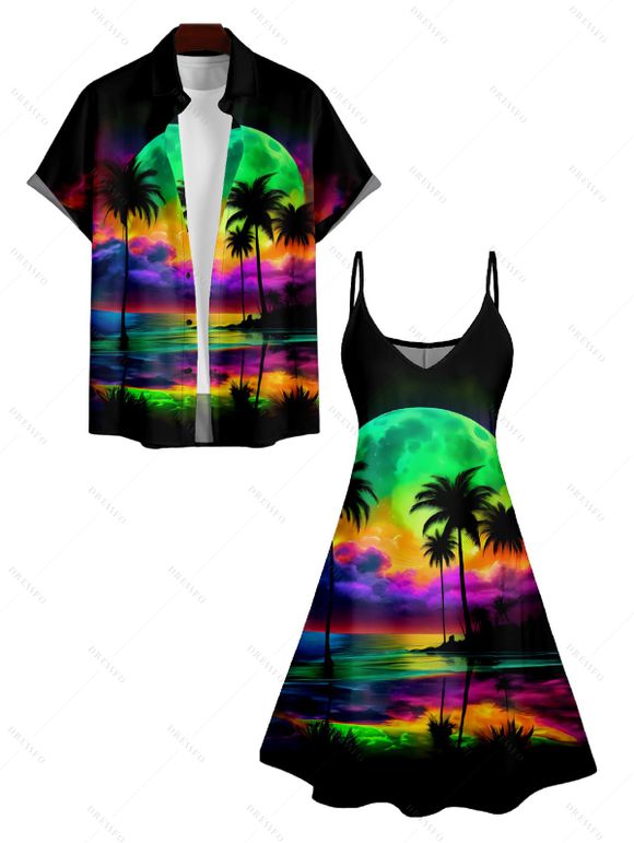 Colorful Beach Landscape Print V Neck Spaghetti Strap Dress and Roll Up Sleeve Shirt Resort Outfit - Noir S | US 4