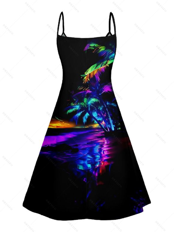 Robe Ligne A à Bretelle Fine Arbre Noix de Coco Imprimé à Taille Haute - Noir XL | US 12