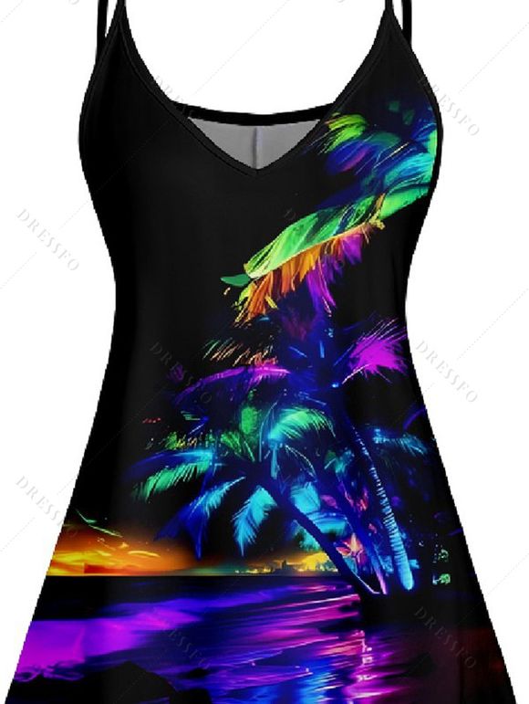 Robe Ligne A à Bretelle Fine Arbre Noix de Coco Imprimé à Taille Haute - Noir XL | US 12