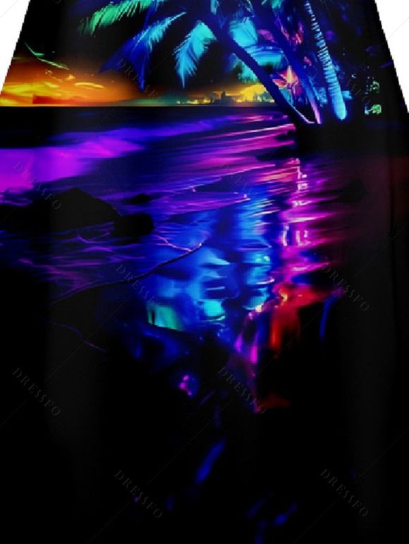 Robe Ligne A à Bretelle Fine Arbre Noix de Coco Imprimé à Taille Haute - Noir XL | US 12