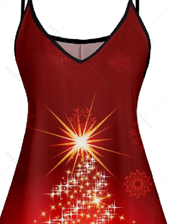 Robe D'Eté Ligne A Sapin de Noël Imprimé à Taille Haute sans Manches à Paillettes - Rouge foncé S | US 4