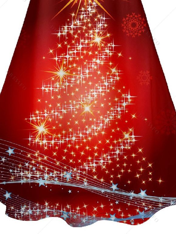 Robe D'Eté Ligne A Sapin de Noël Imprimé à Taille Haute sans Manches à Paillettes - Rouge foncé S | US 4