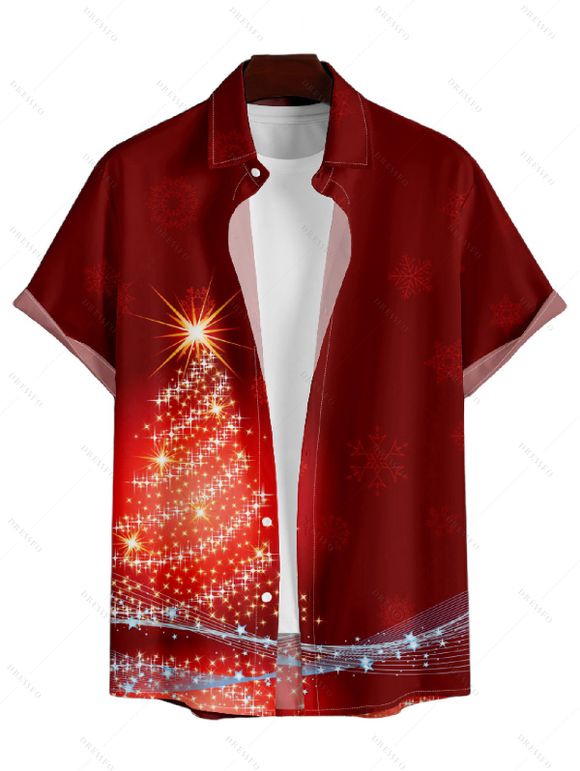 Chemise Décontractée Sapin de Noël Imprimé Boutonnée à Manches Courtes à Paillettes - Rouge foncé 4XL