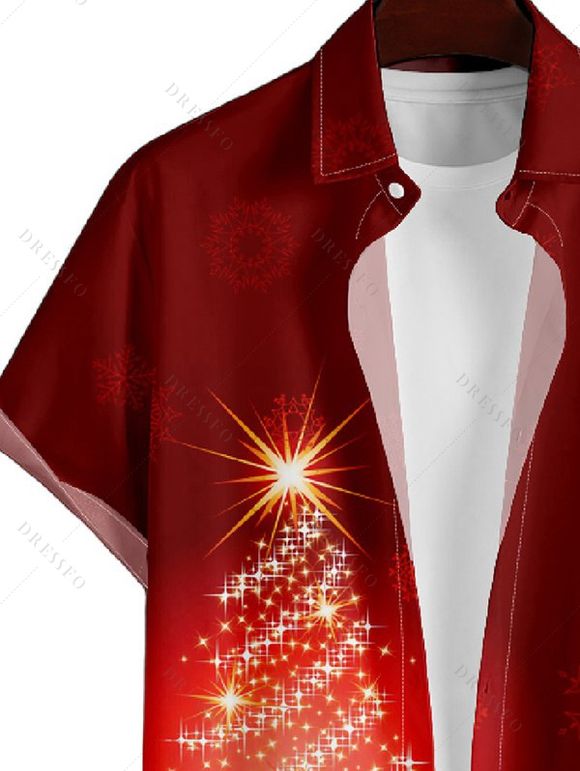 Chemise Décontractée Sapin de Noël Imprimé Boutonnée à Manches Courtes à Paillettes - Rouge foncé 4XL