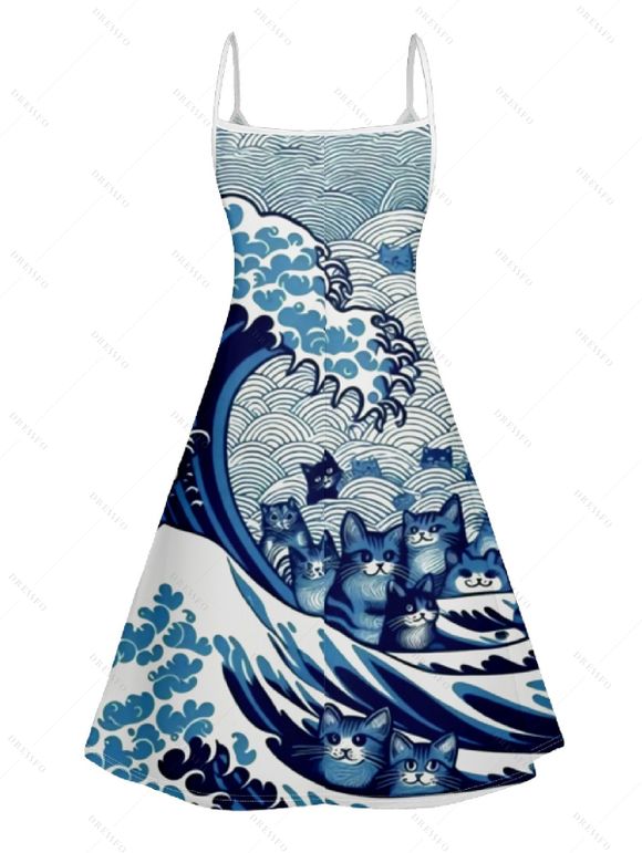 Robe D'Eté Ligne A Chat Dessin Animé Imprimé à Taille Haute sans Manches à Bretelle Fine - Bleu clair M | US 6