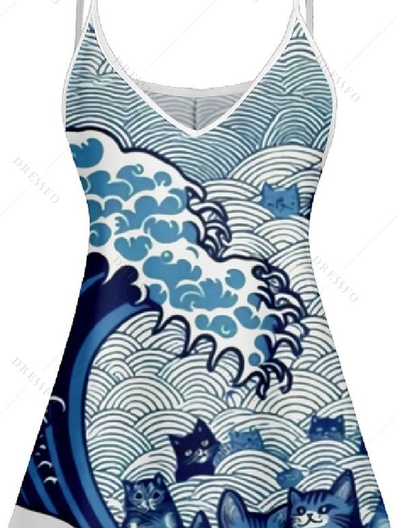 Robe D'Eté Ligne A Chat Dessin Animé Imprimé à Taille Haute sans Manches à Bretelle Fine - Bleu clair M | US 6