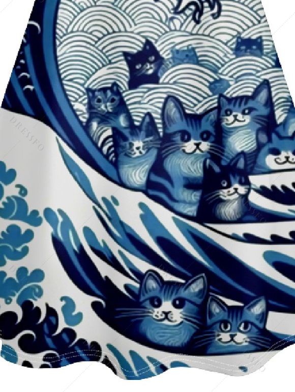 Robe D'Eté Ligne A Chat Dessin Animé Imprimé à Taille Haute sans Manches à Bretelle Fine - Bleu clair M | US 6