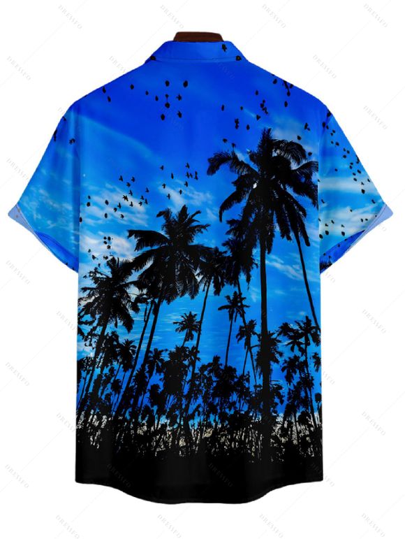 Chemise Décontractée Boutonnée Arbre et Coucher du Soleil Imprimés à Manches Courtes - Bleu 3XL