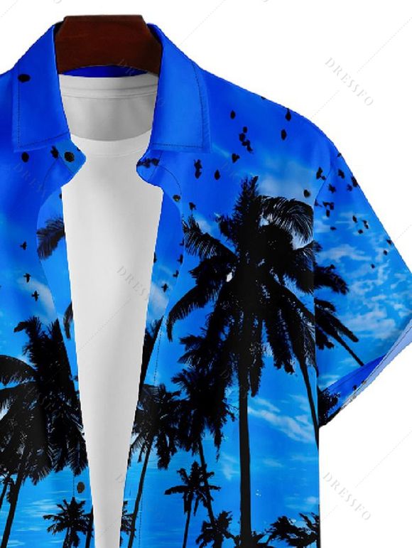 Chemise Décontractée Boutonnée Arbre et Coucher du Soleil Imprimés à Manches Courtes - Bleu 3XL