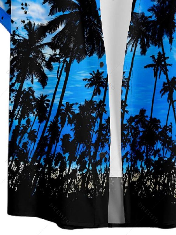 Chemise Décontractée Boutonnée Arbre et Coucher du Soleil Imprimés à Manches Courtes - Bleu 3XL