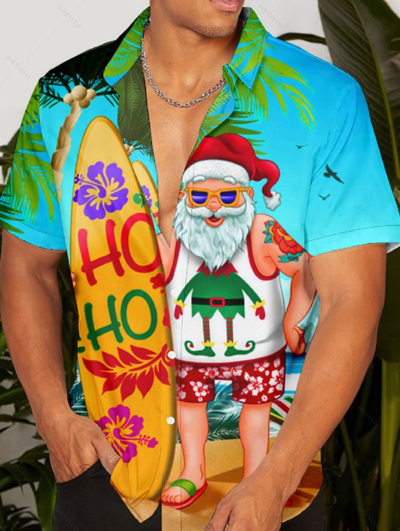 Chemise Décontractée Père Noël Imprimée Boutonnée à Manches Courtes - Orange 3XL