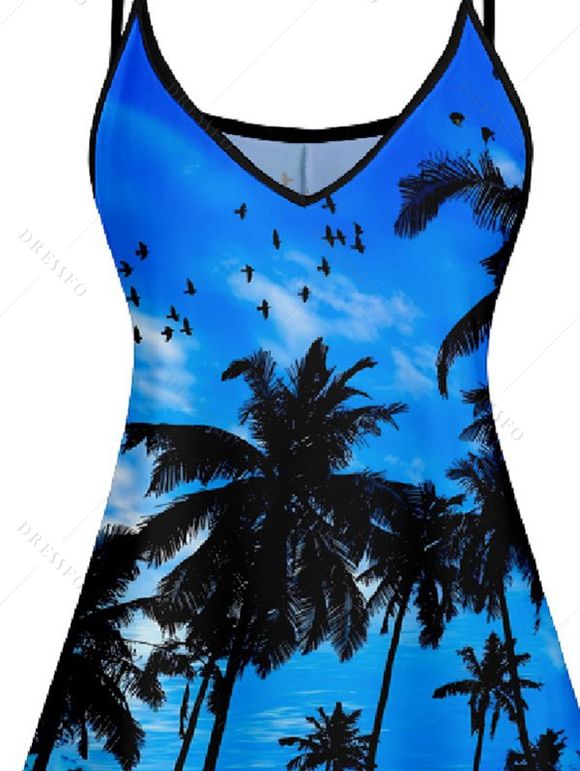 Robe D'été Ajourée à Imprimé Arbre à Bretelles Spaghetti - Bleu XXL | US 14