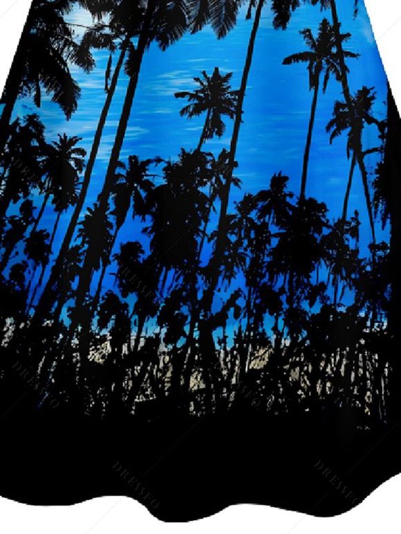 Robe D'été Ajourée à Imprimé Arbre à Bretelles Spaghetti - Bleu XXL | US 14