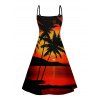 Sunset Tree Print V Neck High Waist Spaghetti Strap Dress and Roll Up Sleeve Shirt Resort Hawaii Outfit - Orange S | US 4