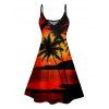 Sunset Tree Print V Neck High Waist Spaghetti Strap Dress and Roll Up Sleeve Shirt Resort Hawaii Outfit - Orange S | US 4