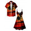 Sunset Tree Print V Neck High Waist Spaghetti Strap Dress and Roll Up Sleeve Shirt Resort Hawaii Outfit - Orange S | US 4