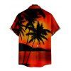 Sunset Tree Print V Neck High Waist Spaghetti Strap Dress and Roll Up Sleeve Shirt Resort Hawaii Outfit - Orange S | US 4